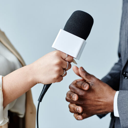Side view closeup of young woman journalist holding microphone while interviewing business expert