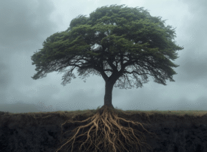 Navigating the Winds of Change. Single tree with strong roots in a storm.