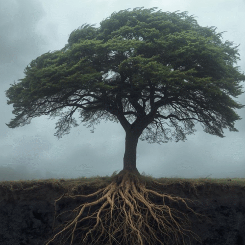 Navigating the Winds of Change. Single tree with strong roots in a storm.