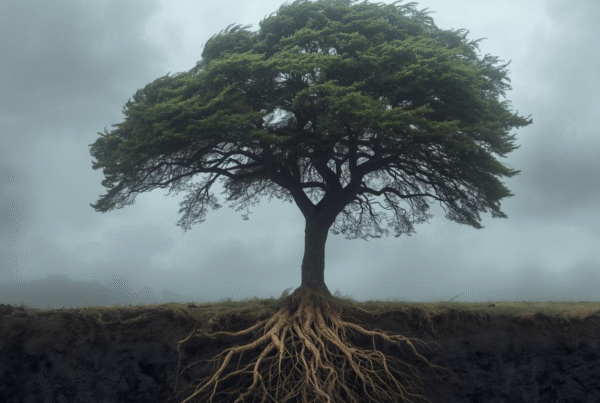 Navigating the Winds of Change. Single tree with strong roots in a storm.