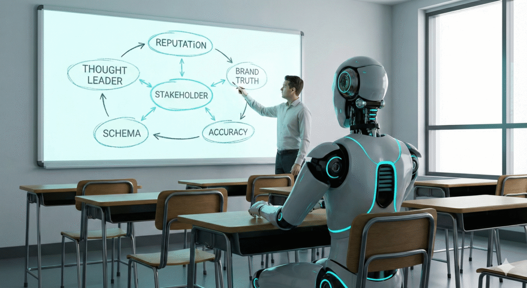 Don't React to AI. Teach It. AI Robot sitting in desk while human teaches and points to the whiteboard.