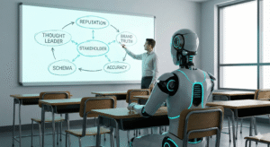 Don't React to AI. Teach It. AI Robot sitting in desk while human teaches and points to the whiteboard.