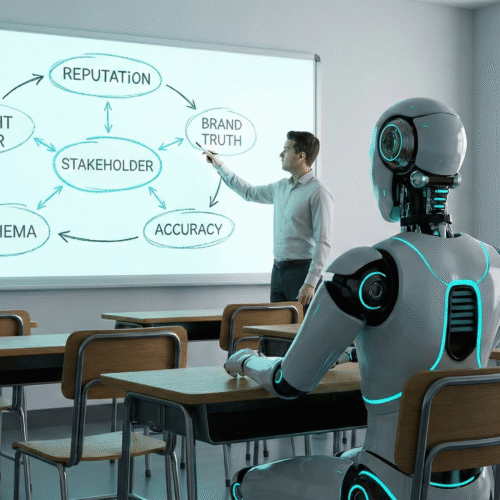 Don't React to AI. Teach It. AI Robot sitting in desk while human teaches and points to the whiteboard.
