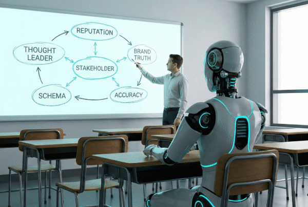 Don't React to AI. Teach It. AI Robot sitting in desk while human teaches and points to the whiteboard.