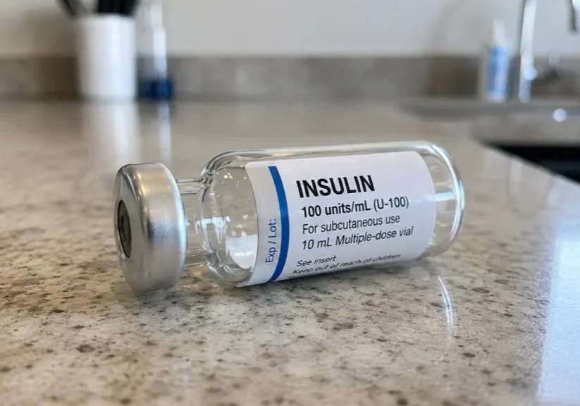 Photograph of an empty vial of insulin on a countertop