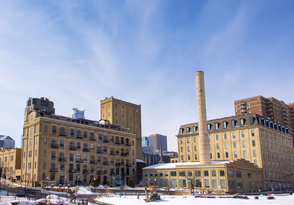 Old and colorful industrial buildings restored for office and apartment use.